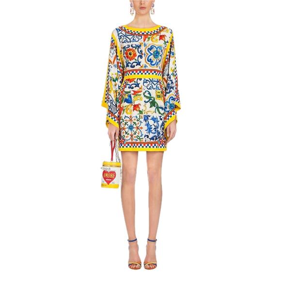NWT Dolce & Gabbana White Yellow Majolica print Silk Charmeuse Dress IT 42 M - Picture 2 of 12